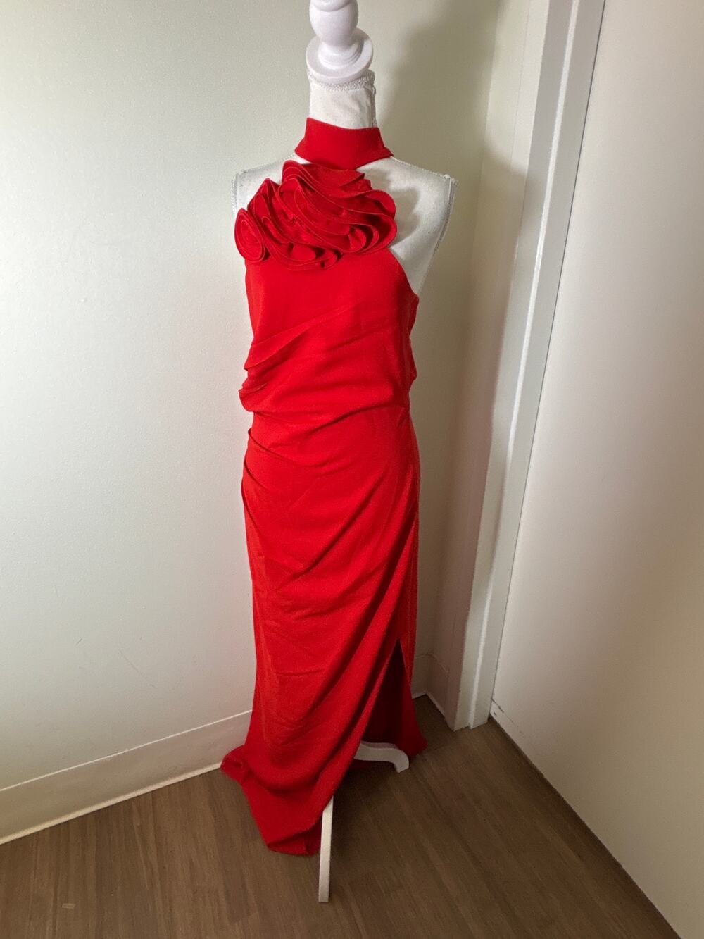 Mango MNG Capsule Red One Shoulder Floor Length Ruched Gown Sz 8